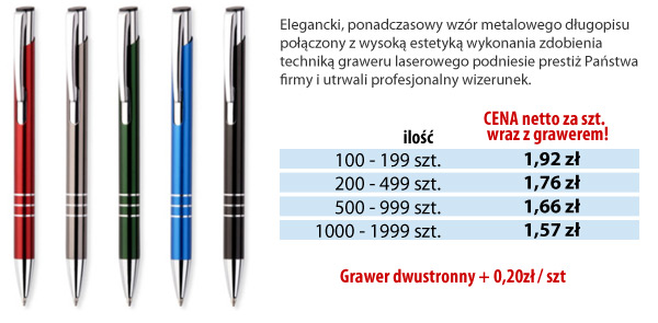 Elegancki, ponadczasowy wzór metalowego długopisu połączony z wysoką estetyką wykonania zdobienia techniką graweru laserowego podniesie prestiż Państwa firmy i utrwali profesjonalny wizerunek.